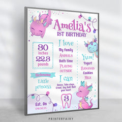 Girl Dragon 1st Birthday Stats Board, Printable Party Decor (Digital Download)