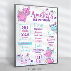 Girl Dragon 1st Birthday Stats Board, Printable Party Decor (Digital Download)