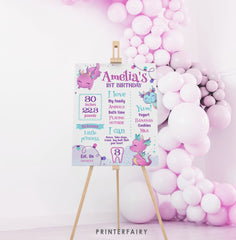 Girl Dragon 1st Birthday Stats Board, Printable Party Decor (Digital Download)