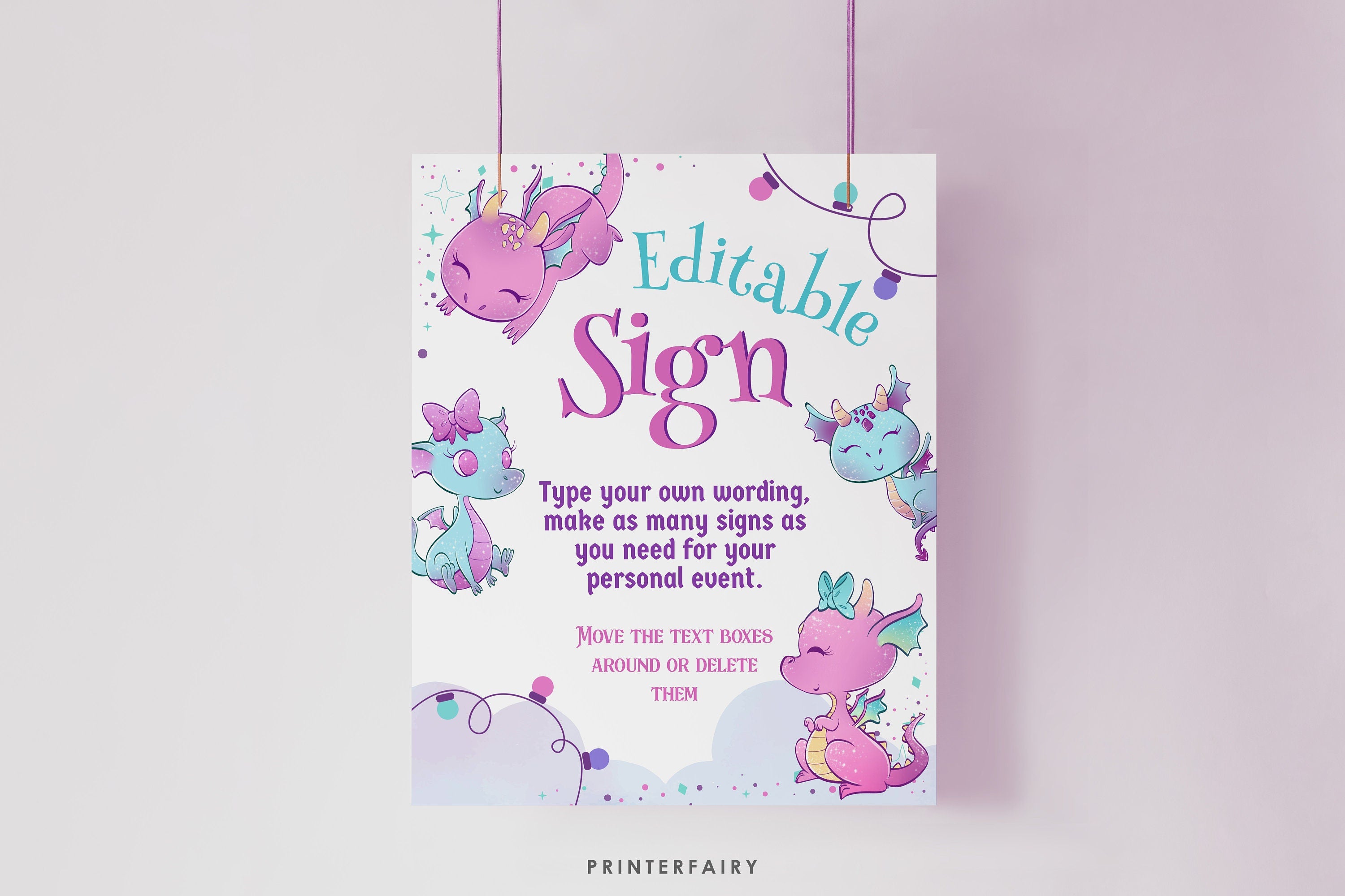 Dragon Birthday Welcome Sign, Girl Party Decoration (Printable Template)