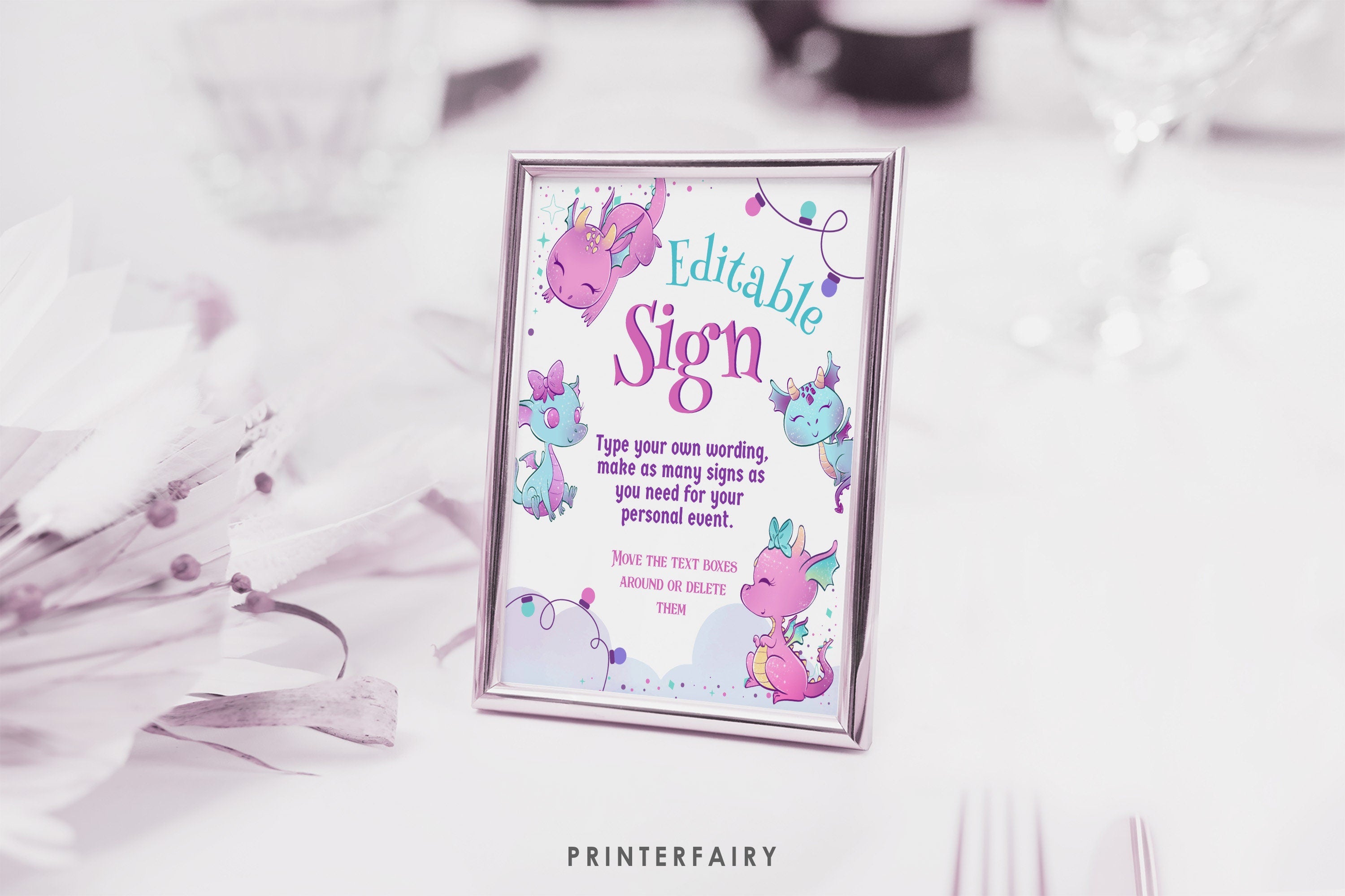 Dragon Birthday Welcome Sign, Girl Party Decoration (Printable Template)