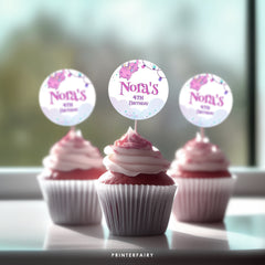 Girl Dragon Birthday Party Toppers, Printable Round Labels (Instant Download)