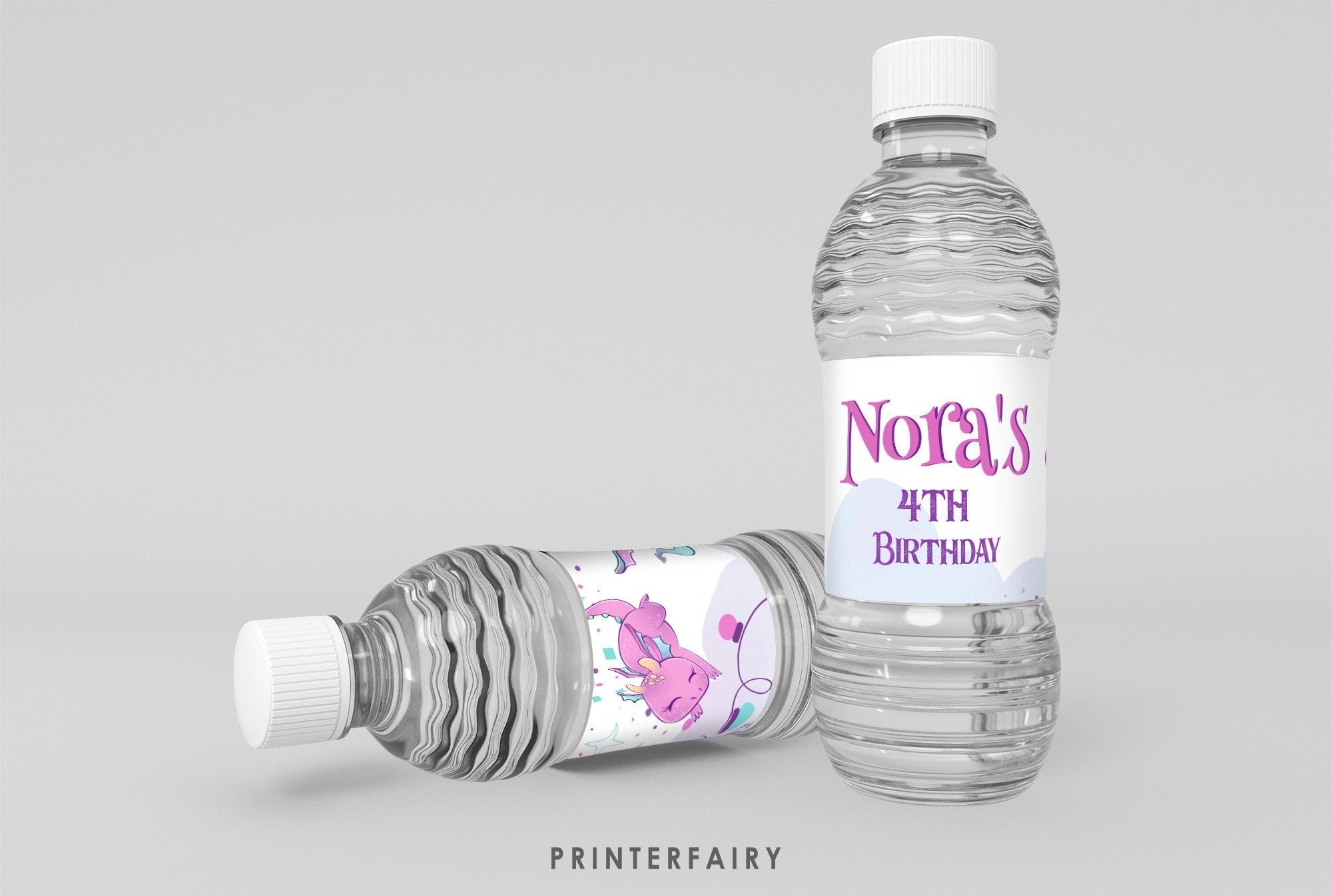 Girl Dragon Birthday Party Water Bottle Label (Digital Download)