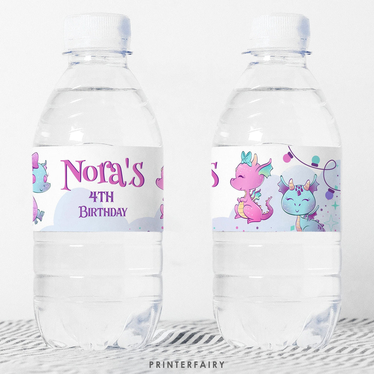 Girl Dragon Birthday Party Water Bottle Label (Digital Download)