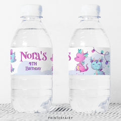 Girl Dragon Birthday Party Water Bottle Label (Digital Download)
