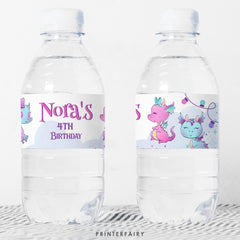 Girl Dragon Birthday Party Water Bottle Label (Digital Download)