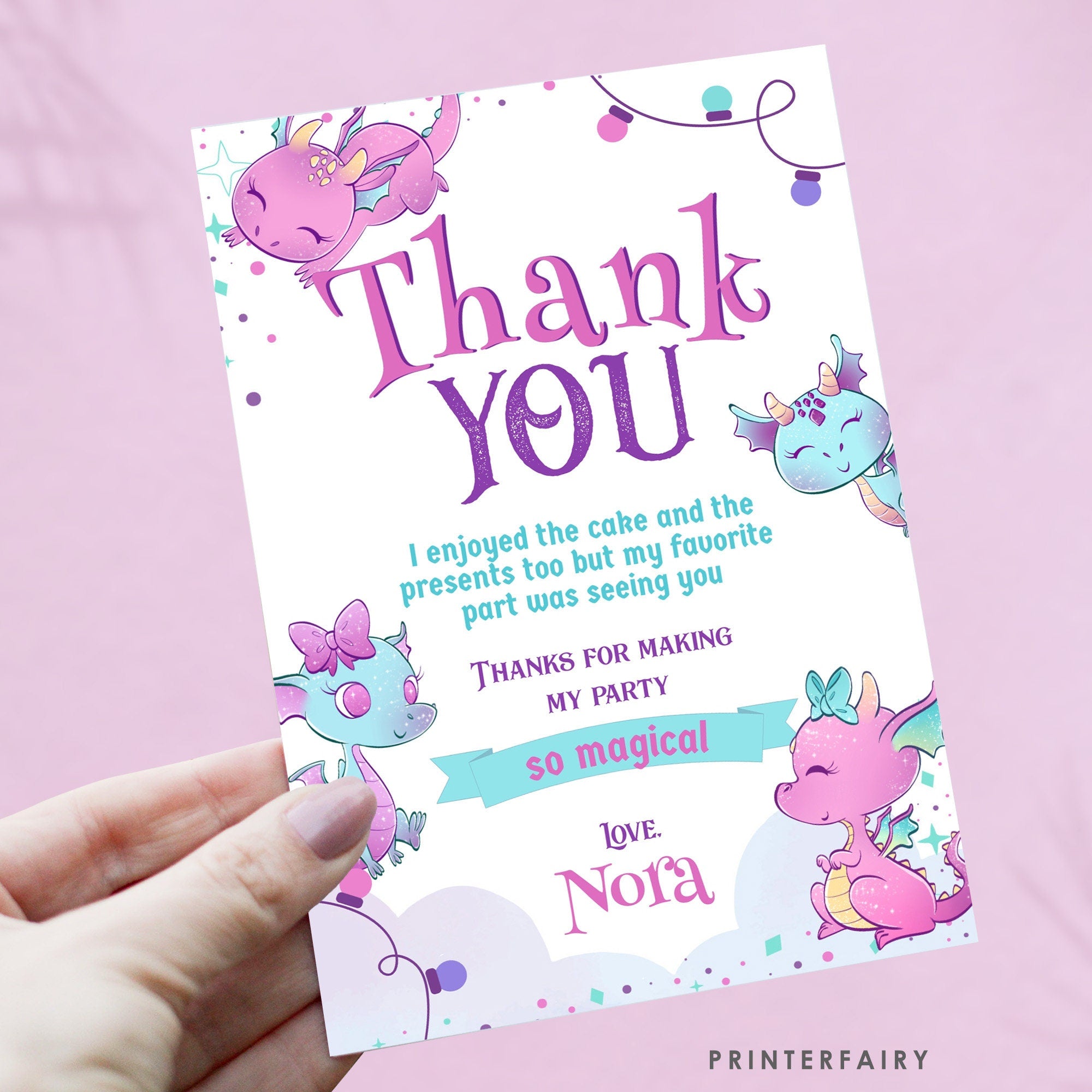Dragon Birthday Thank You Card, Girl Party (Printable Template)