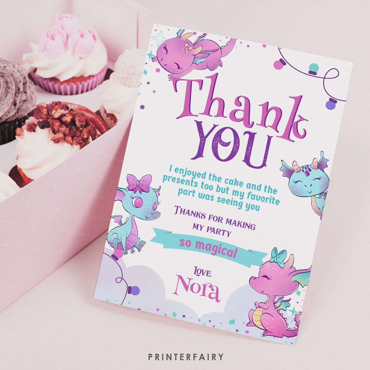 Dragon Birthday Thank You Card, Girl Party (Printable Template)