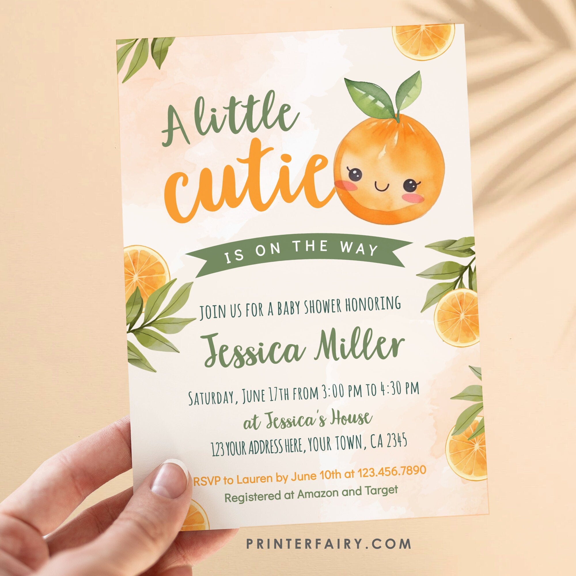 Orange Baby Shower Invitation, A Little Cutie Is On The Way (Digital Download)
