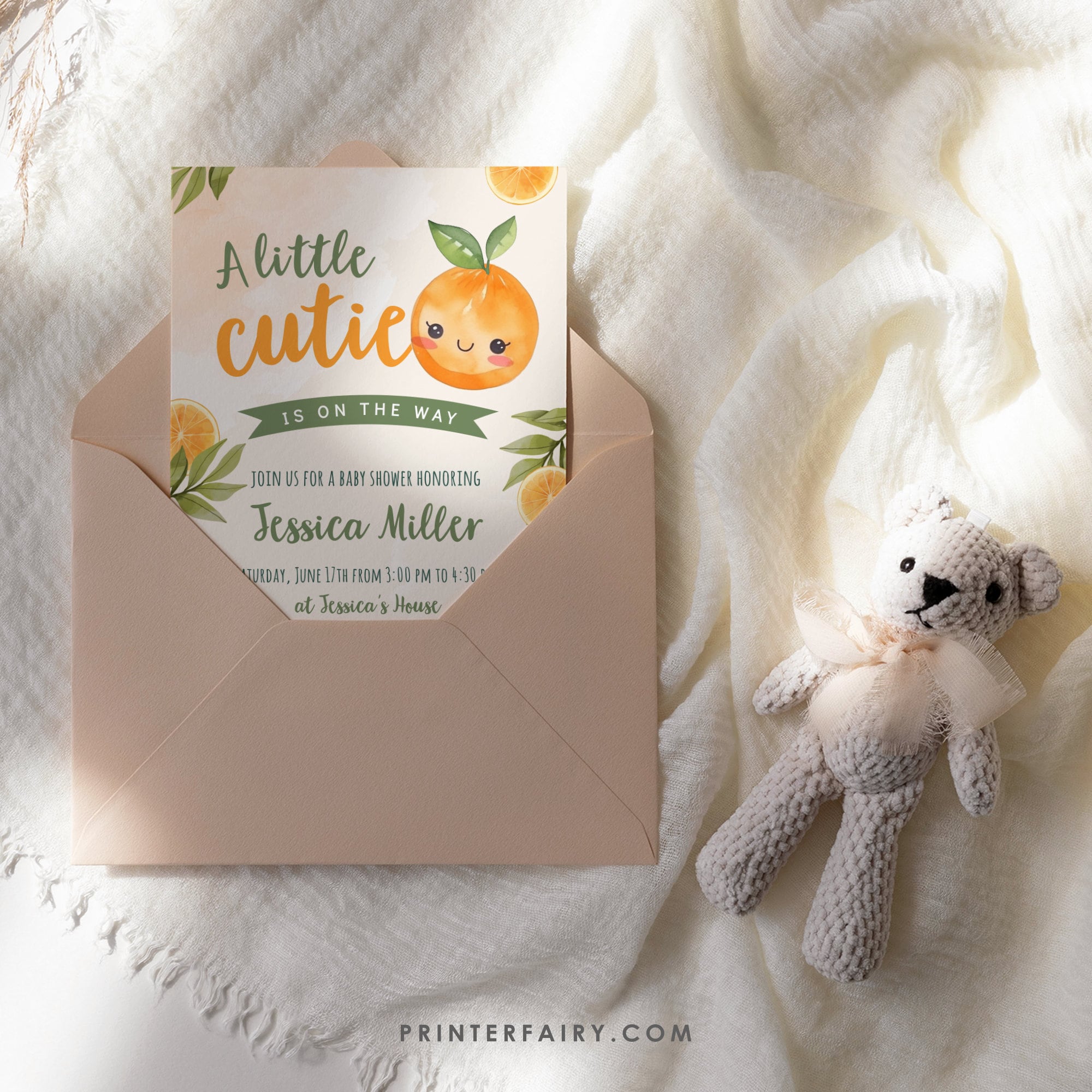 Orange Baby Shower Invitation, A Little Cutie Is On The Way (Digital Download)