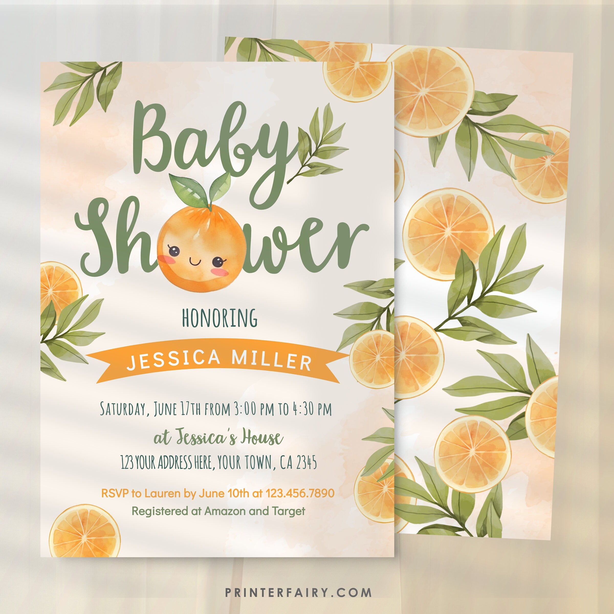 Orange Baby Shower Invitation Editable Template, A Little Cutie Theme, INSTANT DOWNLOAD