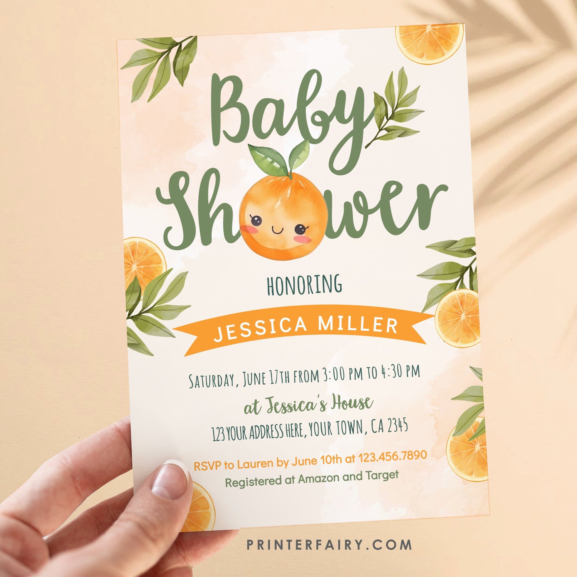 Orange Baby Shower Invitation Editable Template, A Little Cutie Theme, INSTANT DOWNLOAD