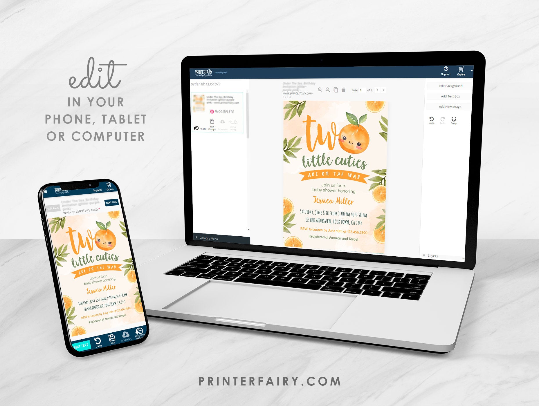 Orange Twins Baby Shower Invitation, Two Little Cuties (Digital Download)