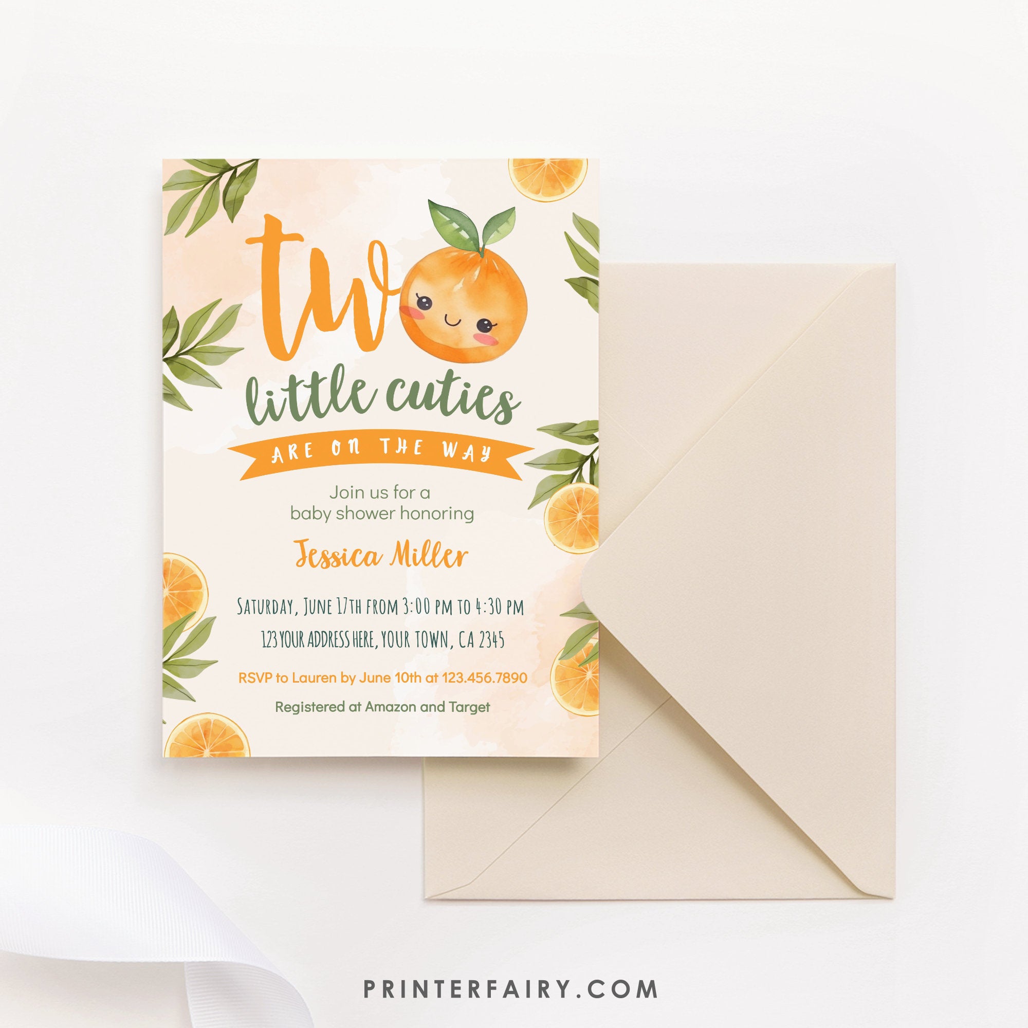 Orange Twins Baby Shower Invitation, Two Little Cuties (Digital Download)