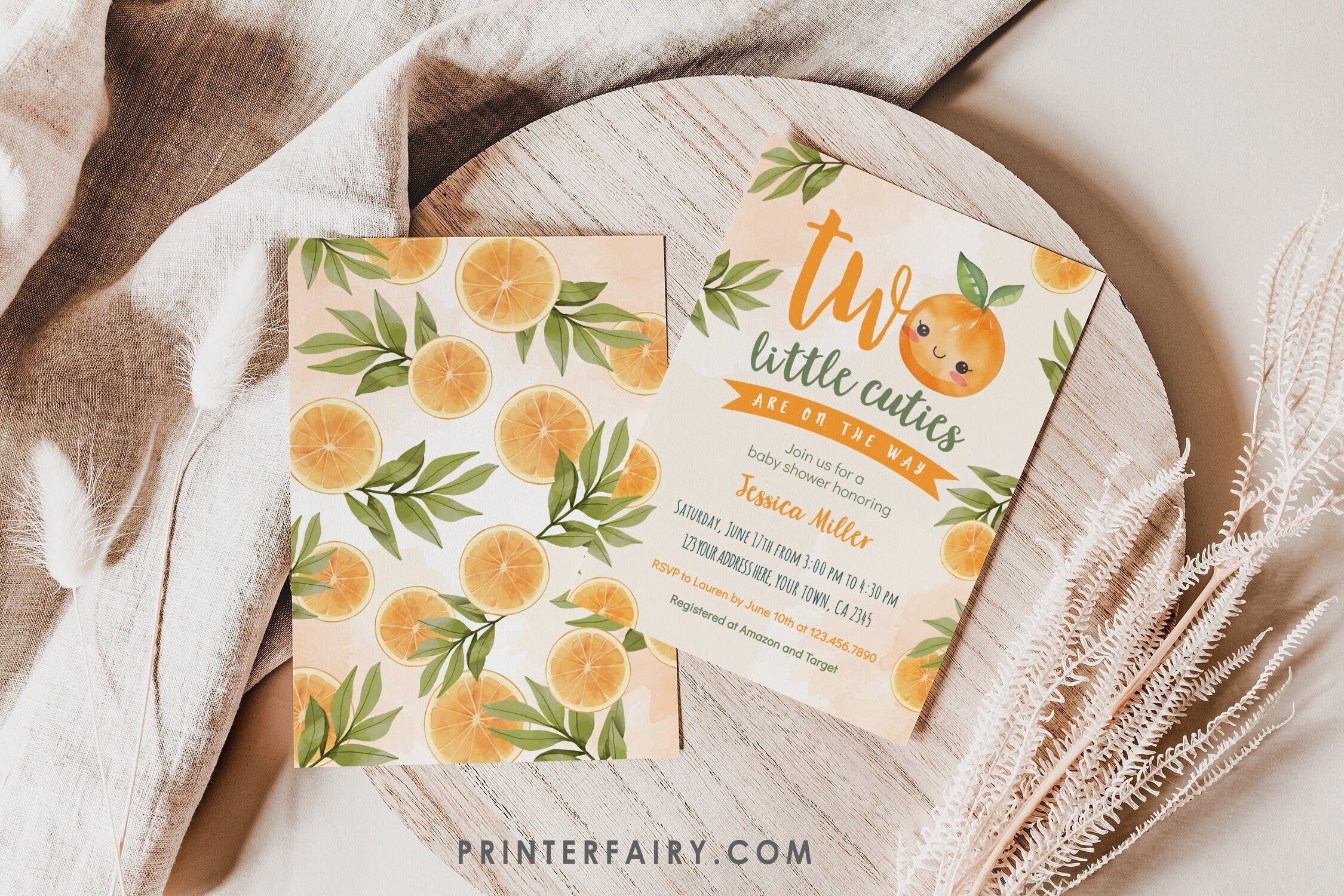 Orange Twins Baby Shower Invitation, Two Little Cuties (Digital Download)
