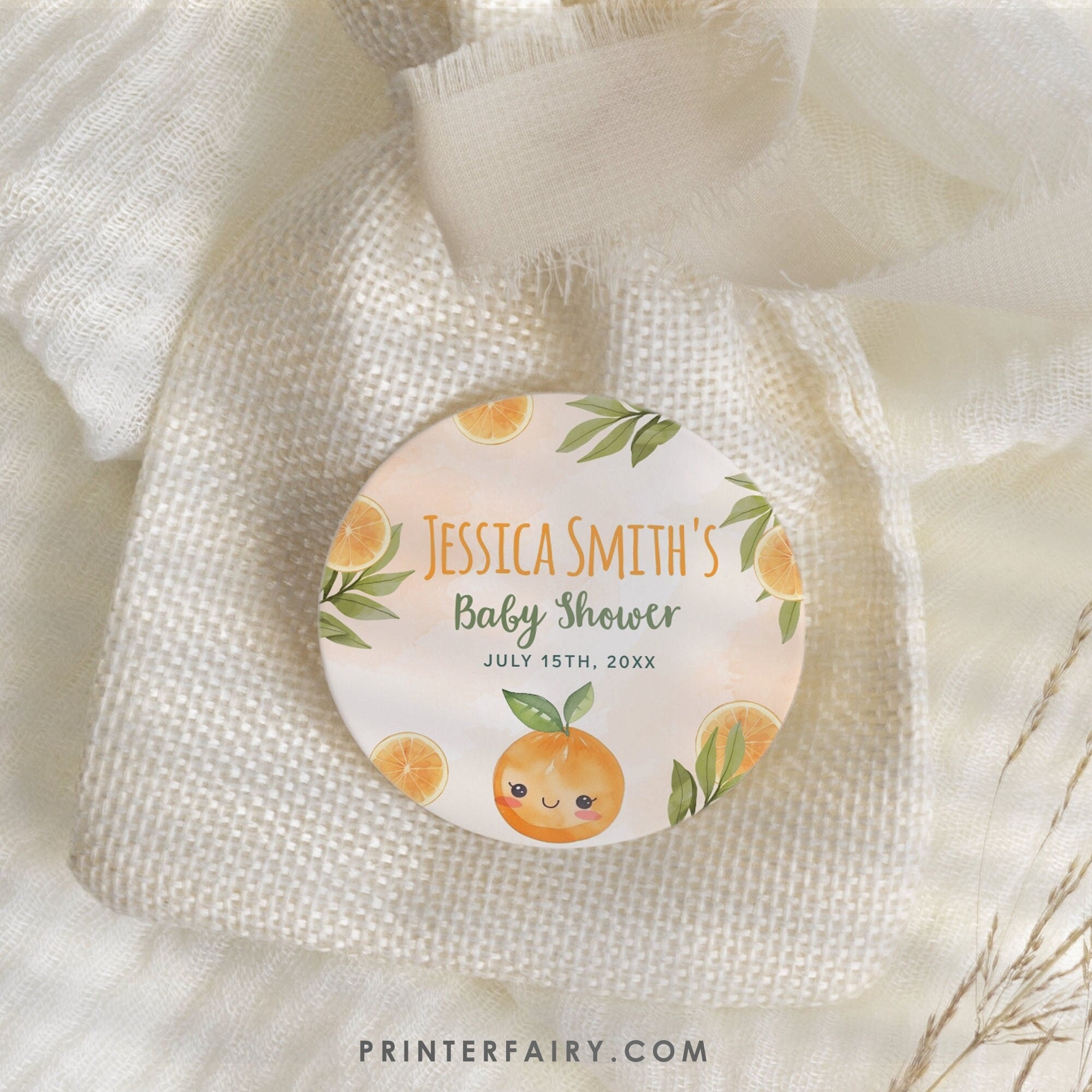 Orange Baby Shower Party Toppers, Editable Round Labels (Digital Download)