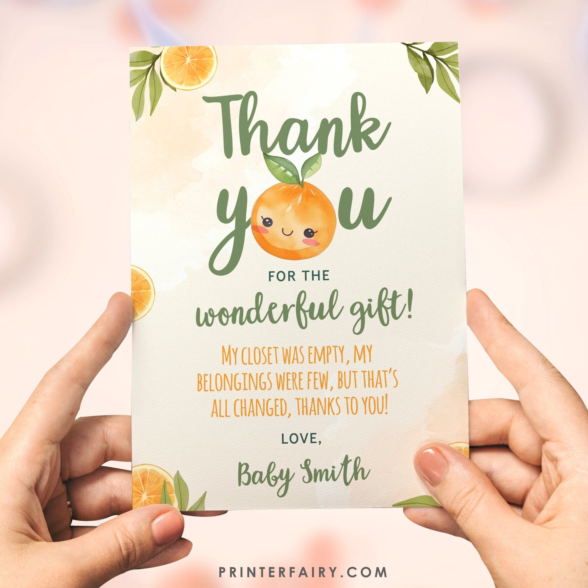 Orange Baby Shower Thank You Card Editable Template, Little Cutie Theme INSTANT DOWNLOAD