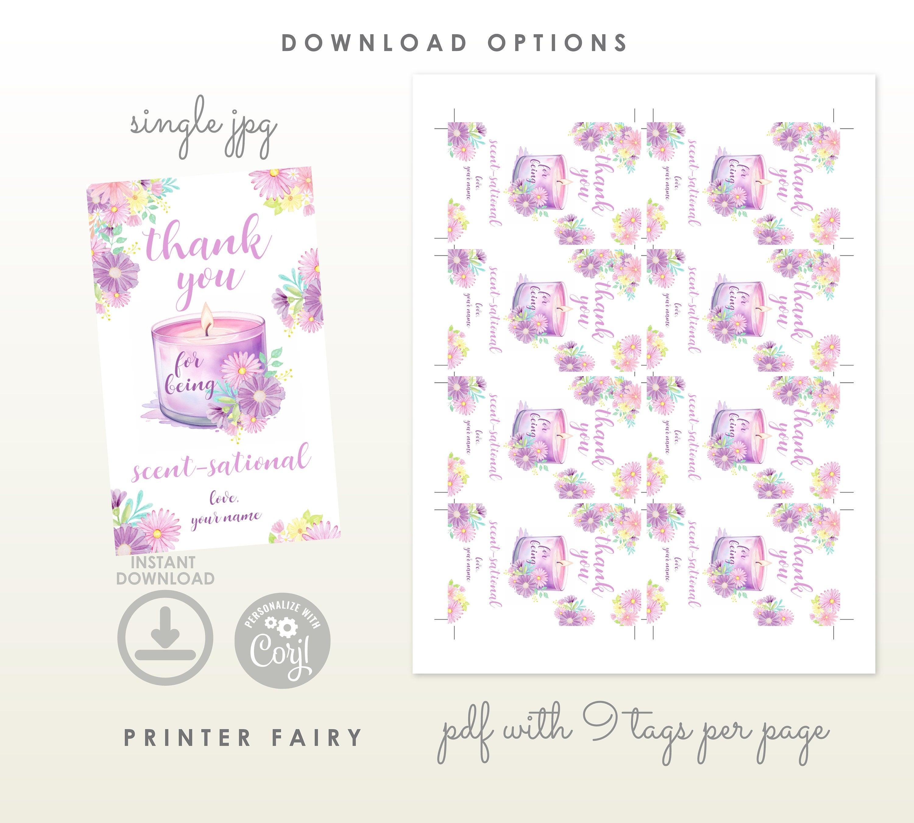 Candle Gift Tag, Floral Editable Label Template, Instant Download