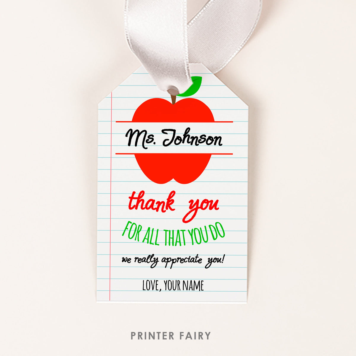 Apple Teacher Appreciation Tag Editable School Gift Tag, Instant Download