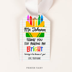 Crayon Teacher Appreciation Tag Editable School Supplies Gift Tag, Instant Download