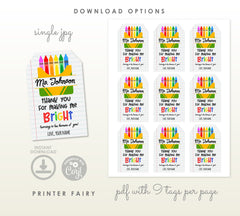 Crayon Teacher Appreciation Tag Editable School Supplies Gift Tag, Instant Download