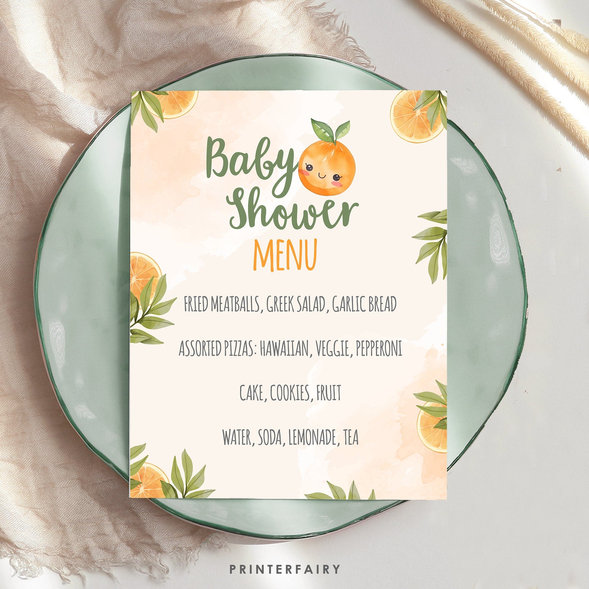 Orange Baby Shower Menu Template, Editable Dinner Menu (Digital Download)