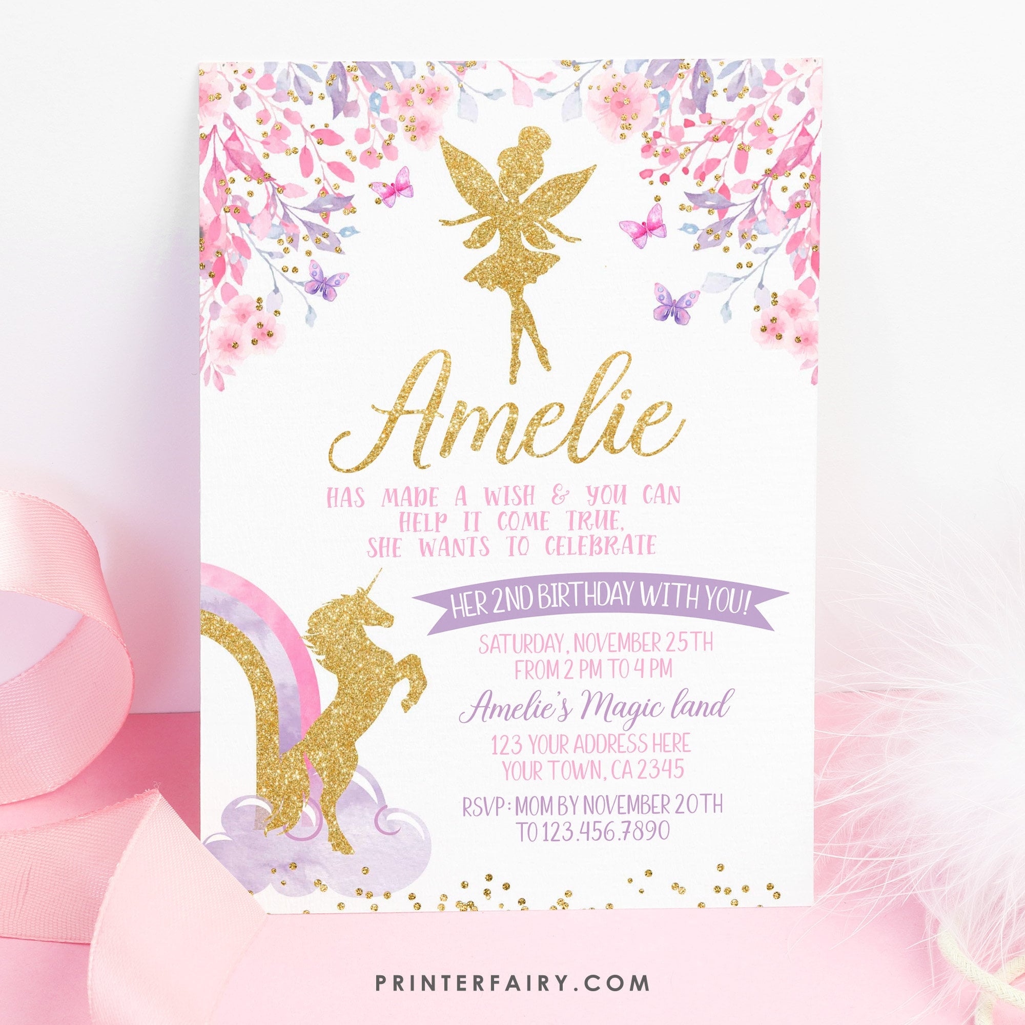 Fairy and Unicorn Birthday Invitation, Floral Party (Digital Invite)