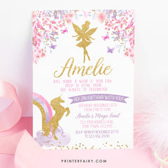 Fairy and Unicorn Birthday Invitation, Floral Party (Digital Invite)