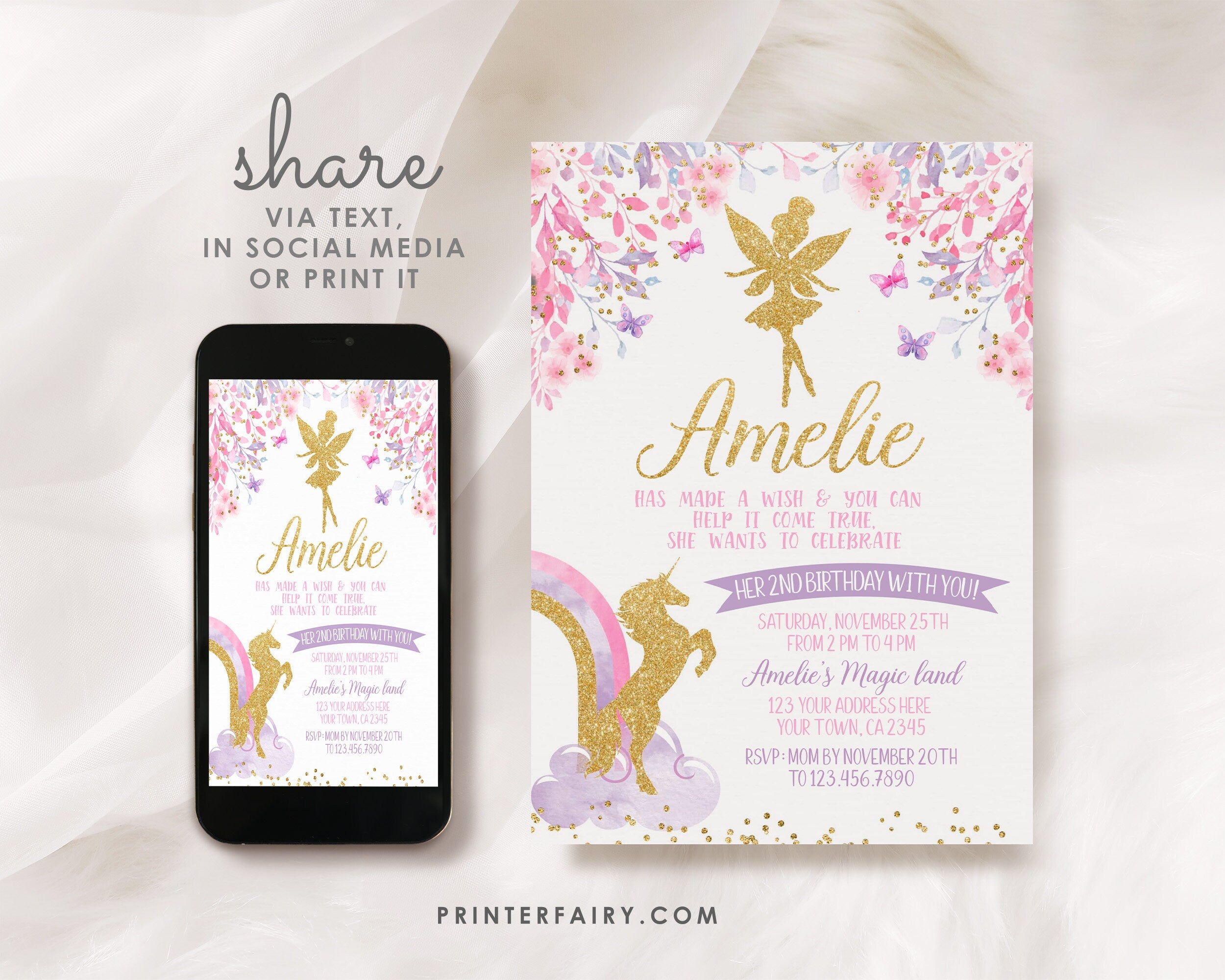 Fairy and Unicorn Birthday Invitation, Floral Party (Digital Invite)