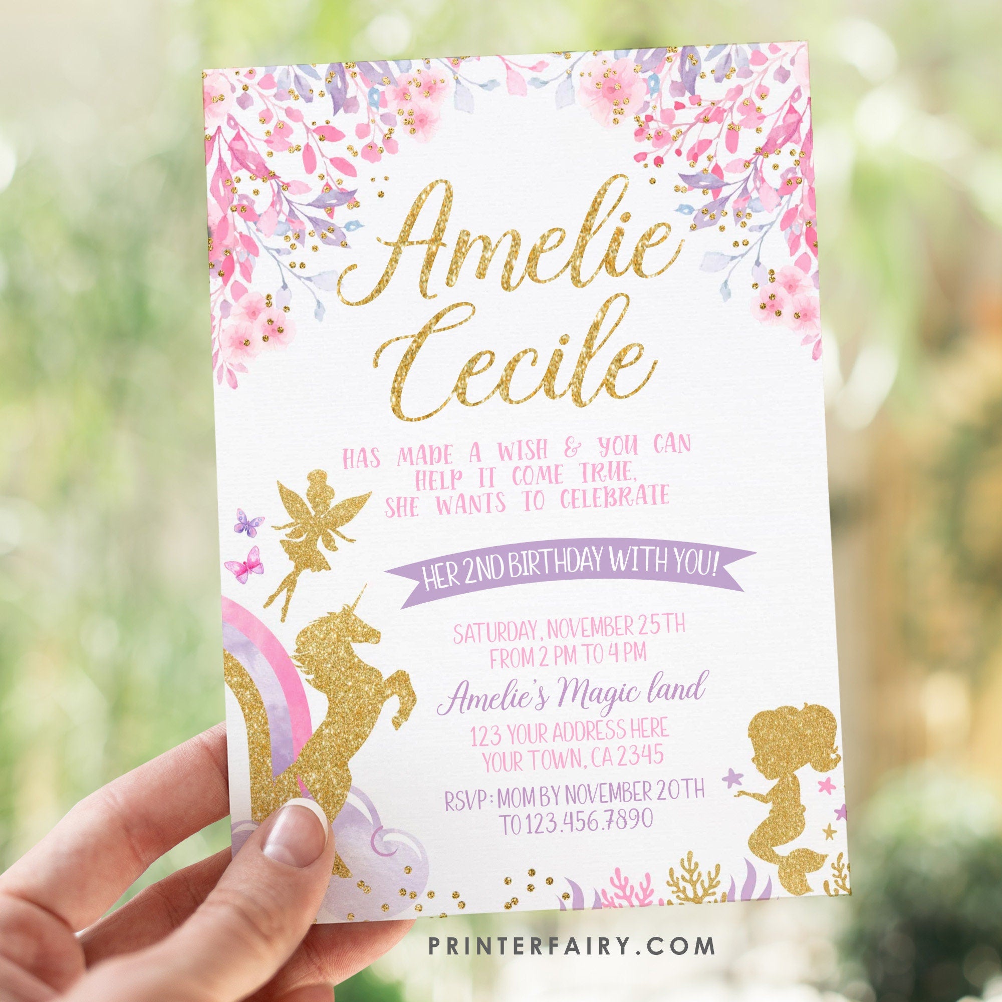 Fairy Unicorn Mermaid Birthday Invitation, Pink Gold Purple (Editable)