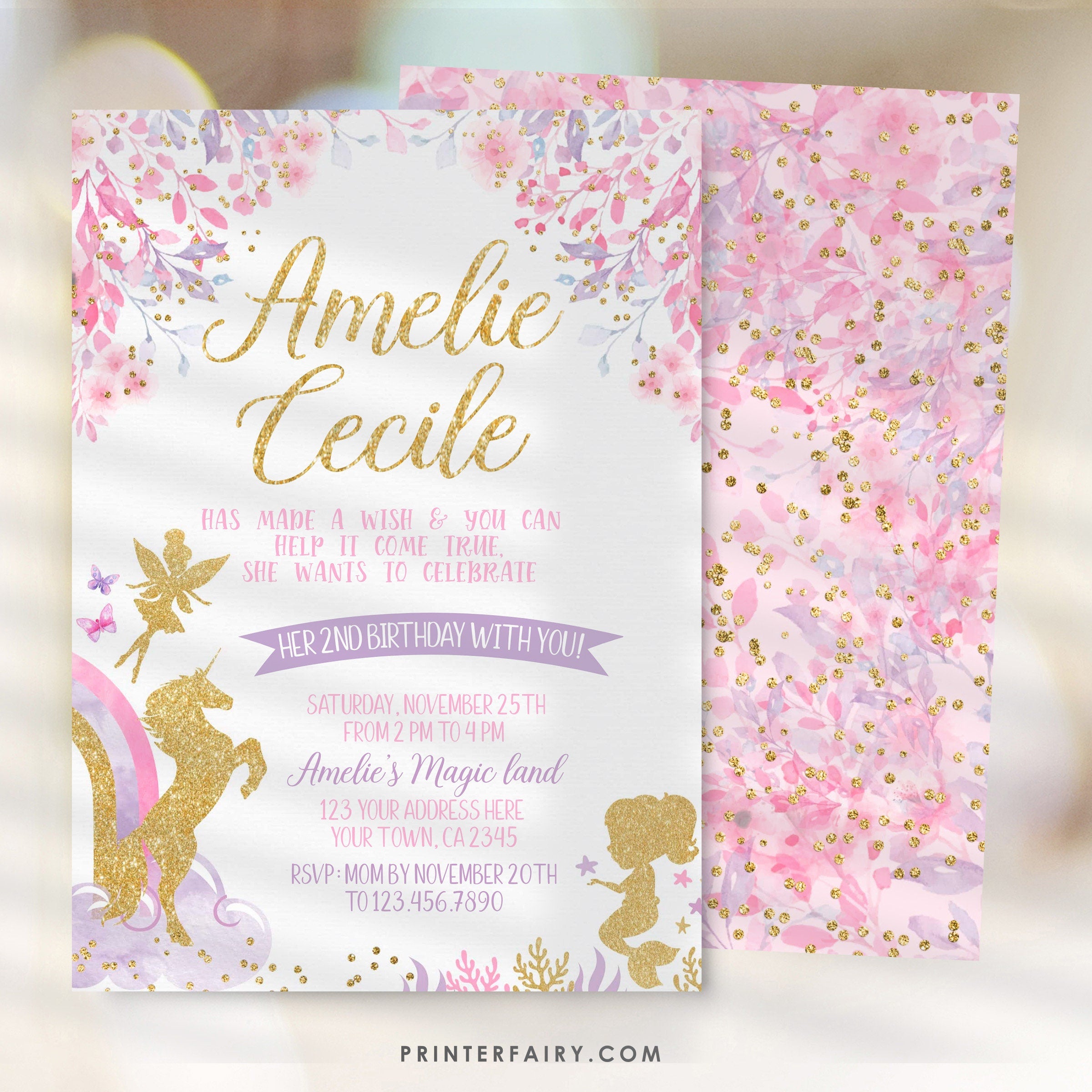 Fairy Unicorn Mermaid Birthday Invitation, Pink Gold Purple (Editable)