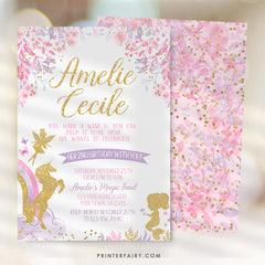 Fairy Unicorn Mermaid Birthday Invitation, Pink Gold Purple (Editable)