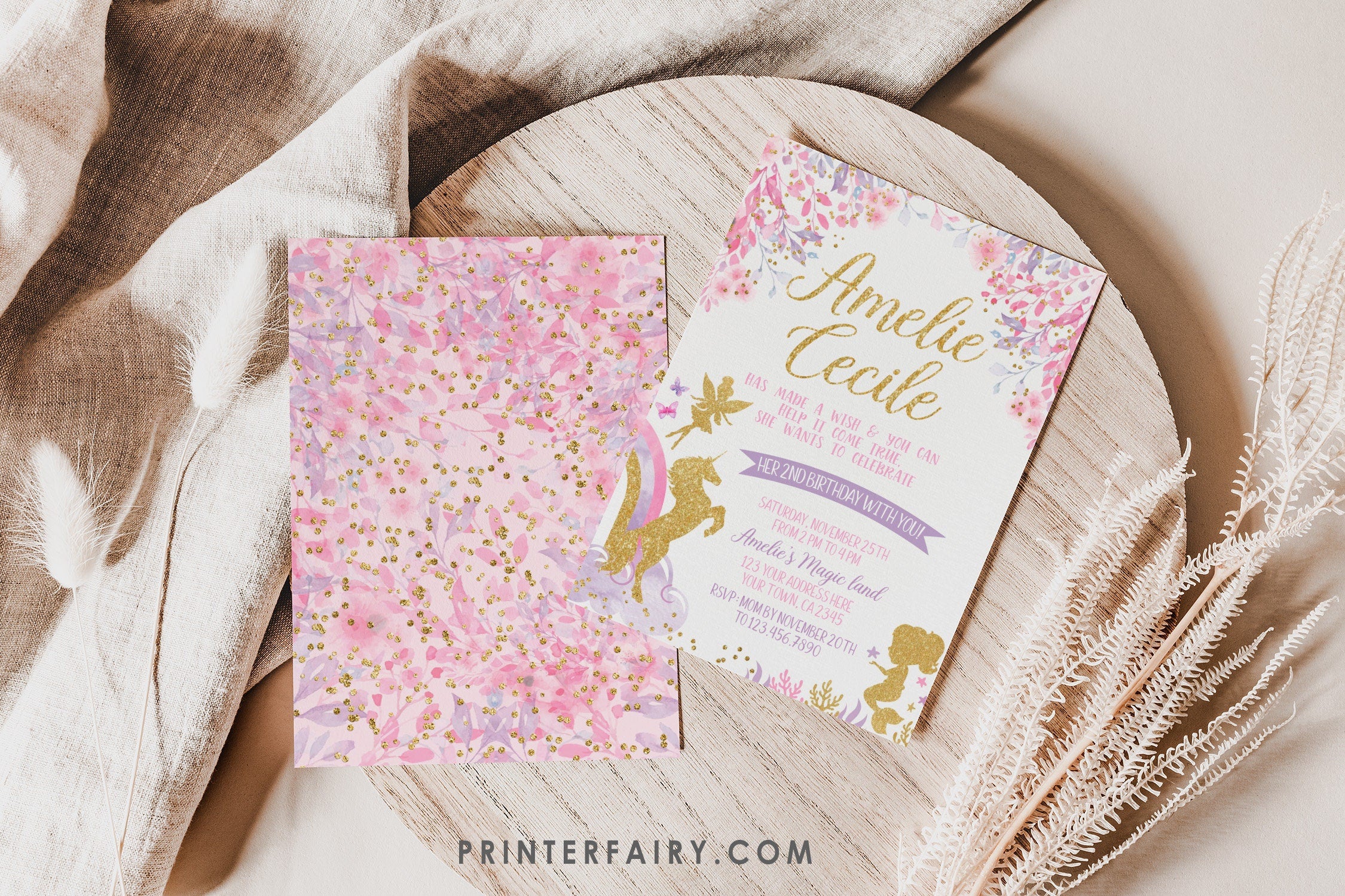 Fairy Unicorn Mermaid Birthday Invitation, Pink Gold Purple (Editable)