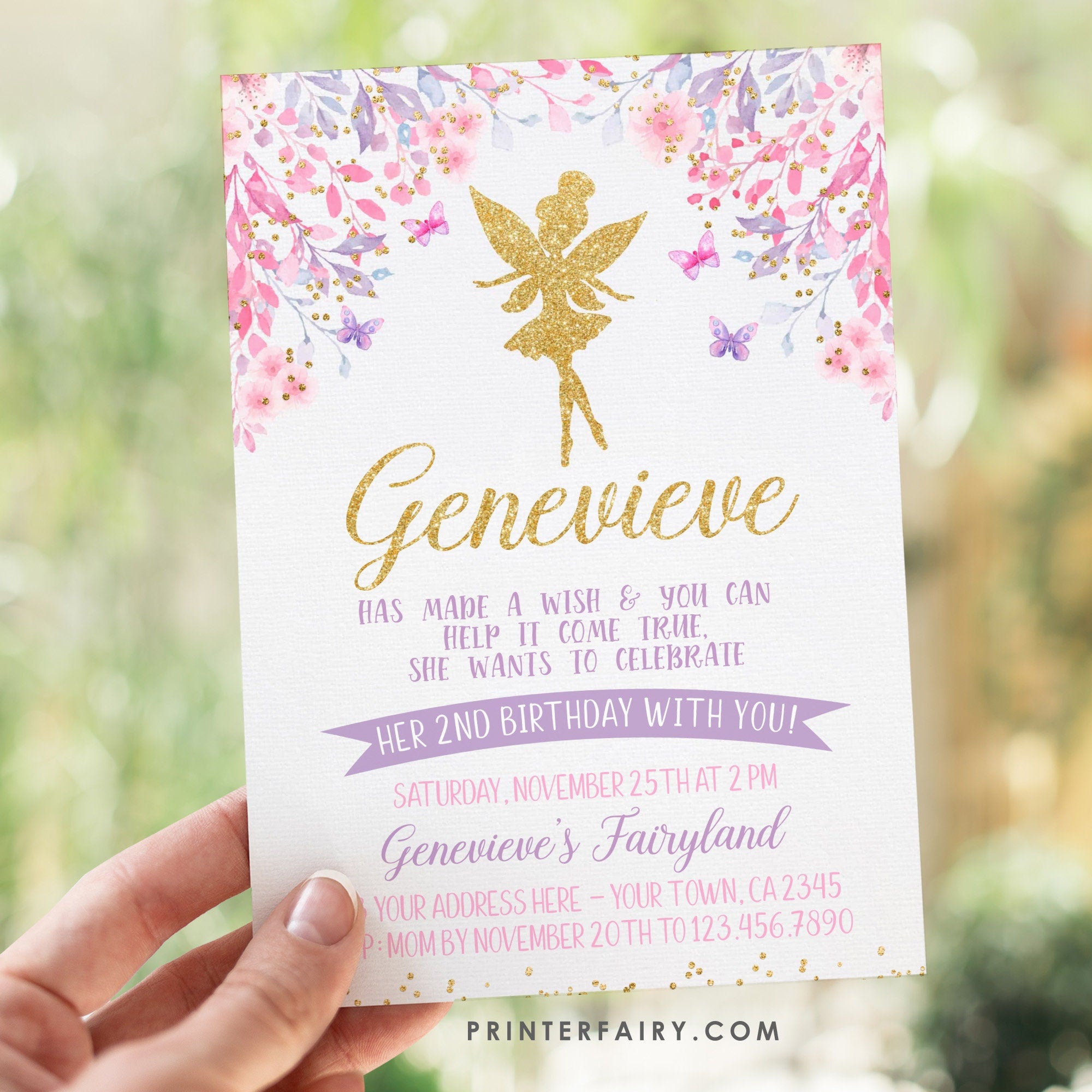 Fairy Birthday Invitation, Floral, Gold, Pink, Purple (Digital Invite)
