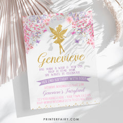 Fairy Birthday Invitation, Floral, Gold, Pink, Purple (Digital Invite)