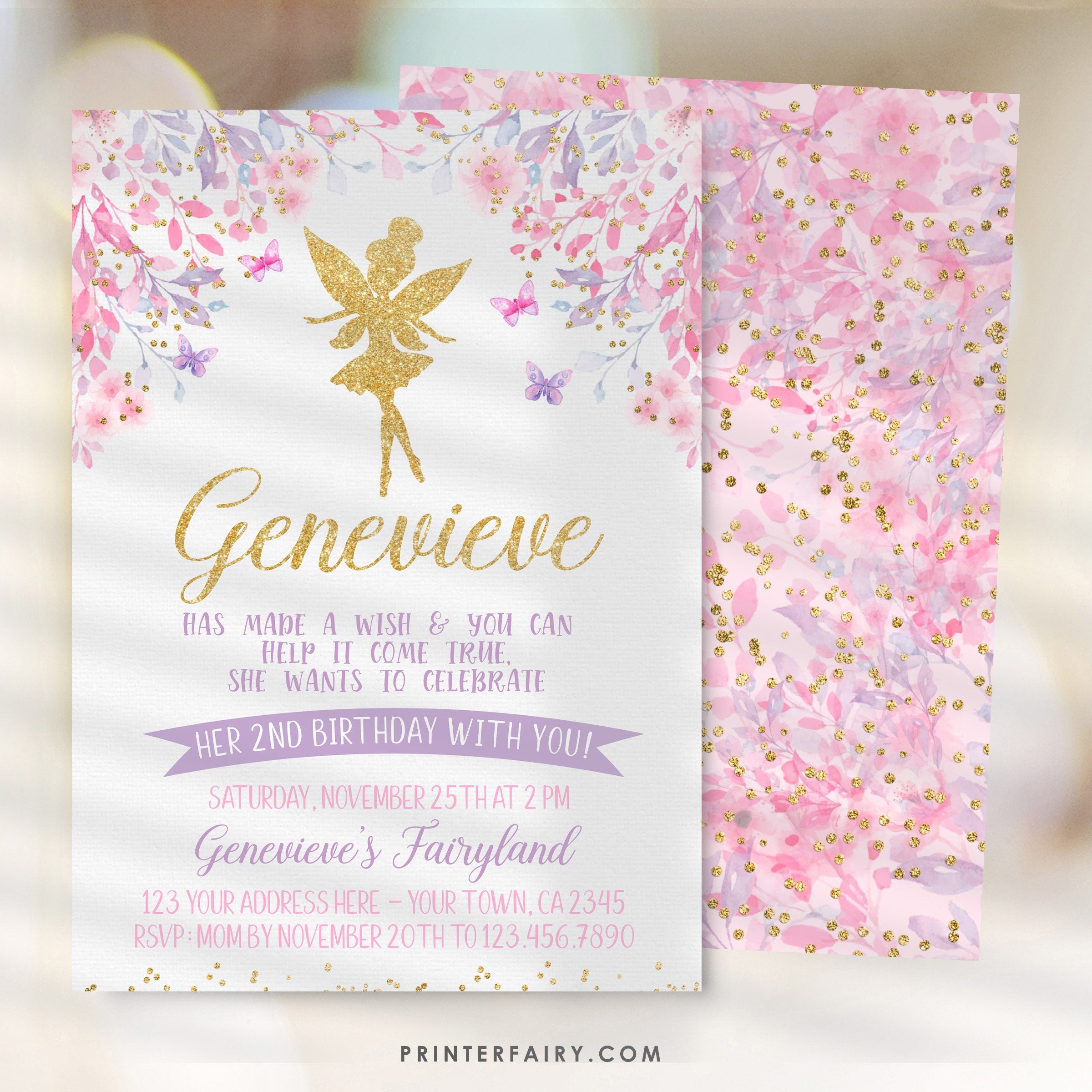 Fairy Birthday Invitation, Floral, Gold, Pink, Purple (Digital Invite)