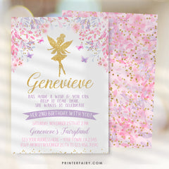 Fairy Birthday Invitation, Floral, Gold, Pink, Purple (Digital Invite)