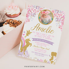 Fairy Unicorn and Mermaid with Photo EDITABLE Birthday Invitation Template, INSTANT DOWNLOAD