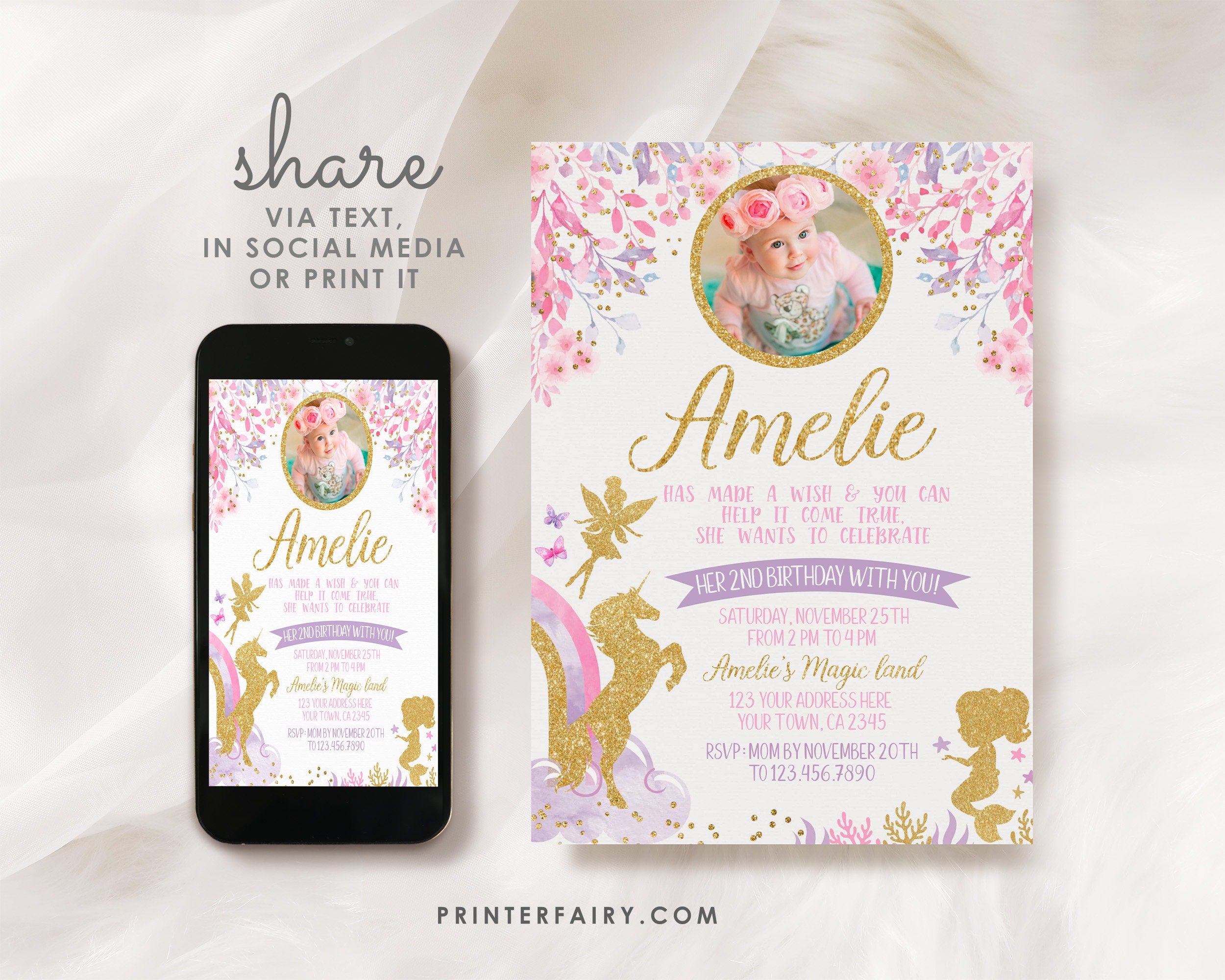 Fairy Unicorn and Mermaid with Photo EDITABLE Birthday Invitation Template, INSTANT DOWNLOAD
