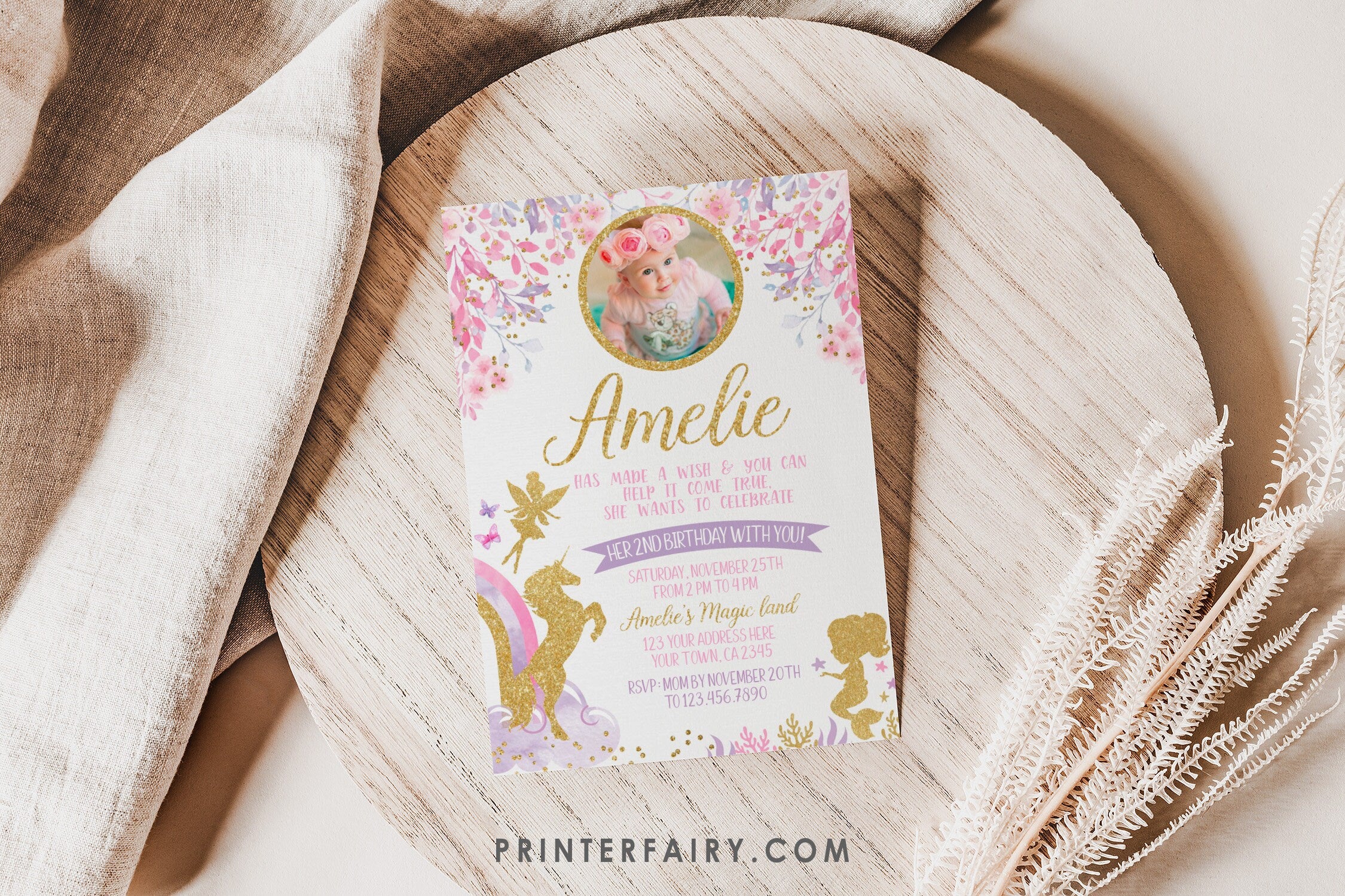 Fairy Unicorn and Mermaid with Photo EDITABLE Birthday Invitation Template, INSTANT DOWNLOAD