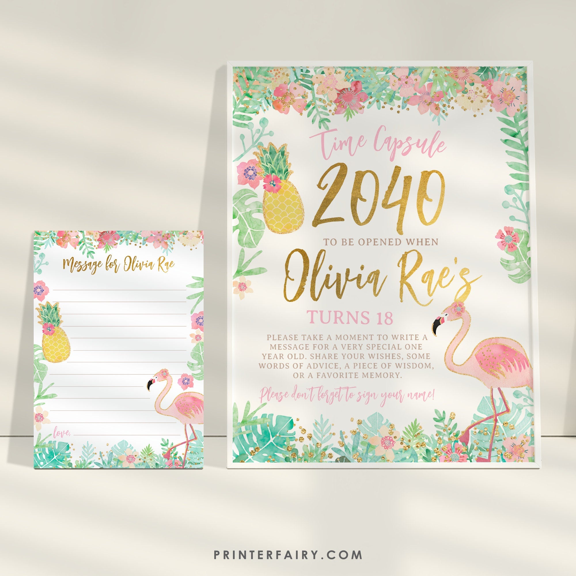Flamingo Birthday Time Capsule Sign and Cards, Tropical Party (EDITABLE Digital Download)