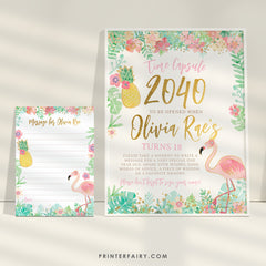 Flamingo Birthday Time Capsule Sign and Cards, Tropical Party (EDITABLE Digital Download)