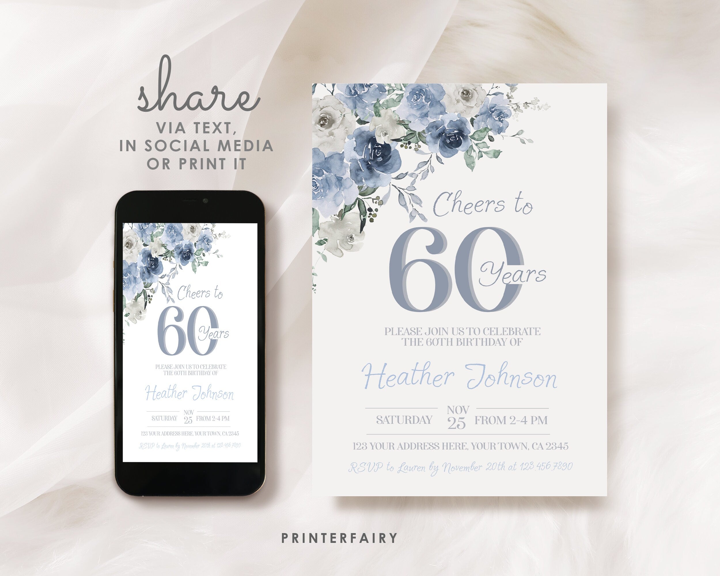 Dusty Blue Floral 60th Birthday Invitation – Editable Party Invite (Digital Download)