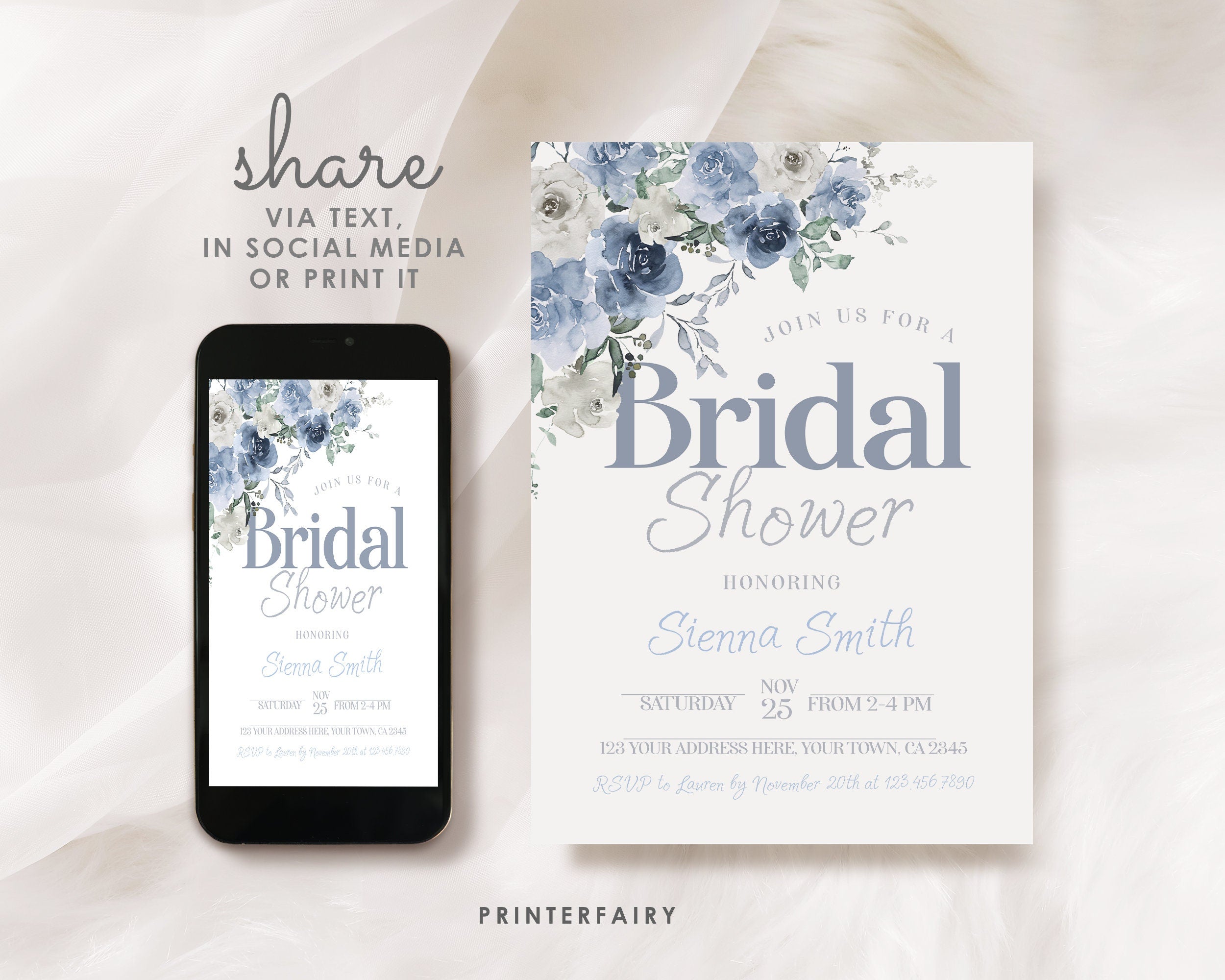 Dusty Blue Floral Bridal Shower Invitation - Editable (Digital Download)