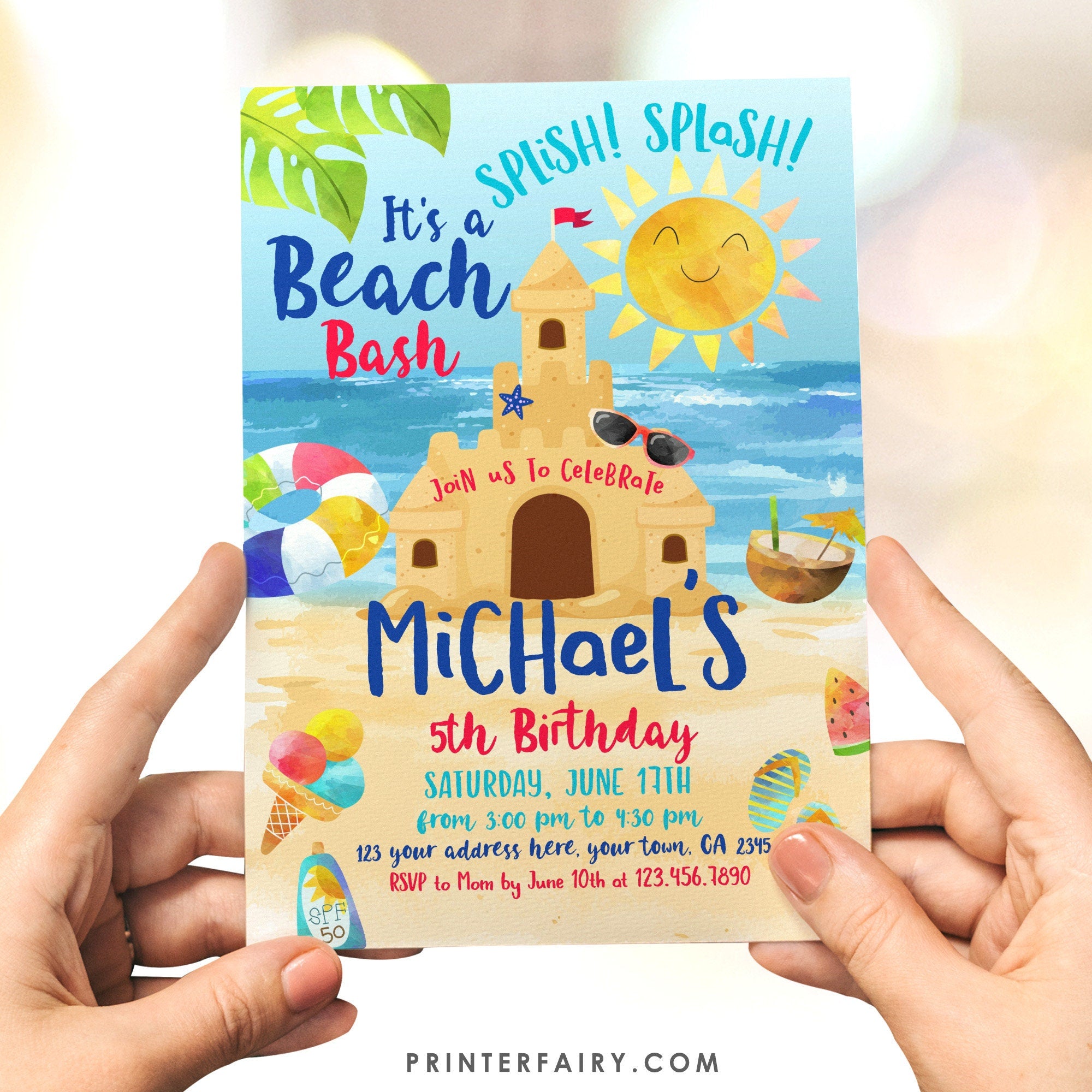 Beach Sand Castle Birthday Party Invitation Editable Template INSTANT DOWNLOAD