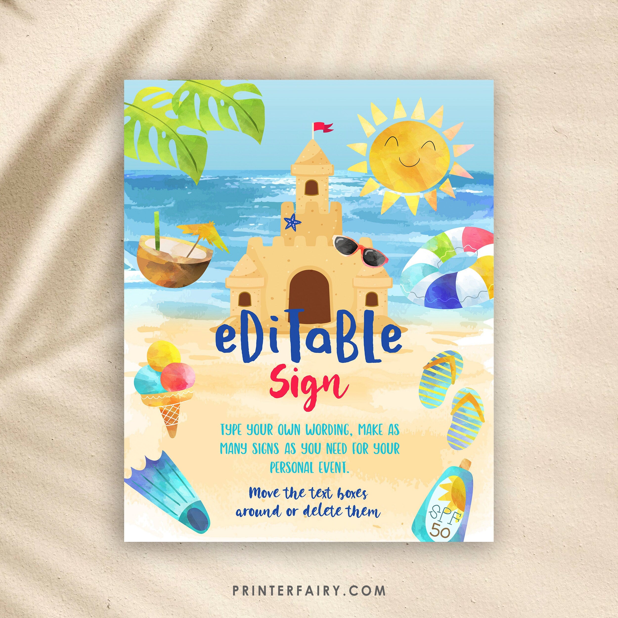 Beach Sand Castle Birthday Party Editable Sign Template, INSTANT DOWNLOAD