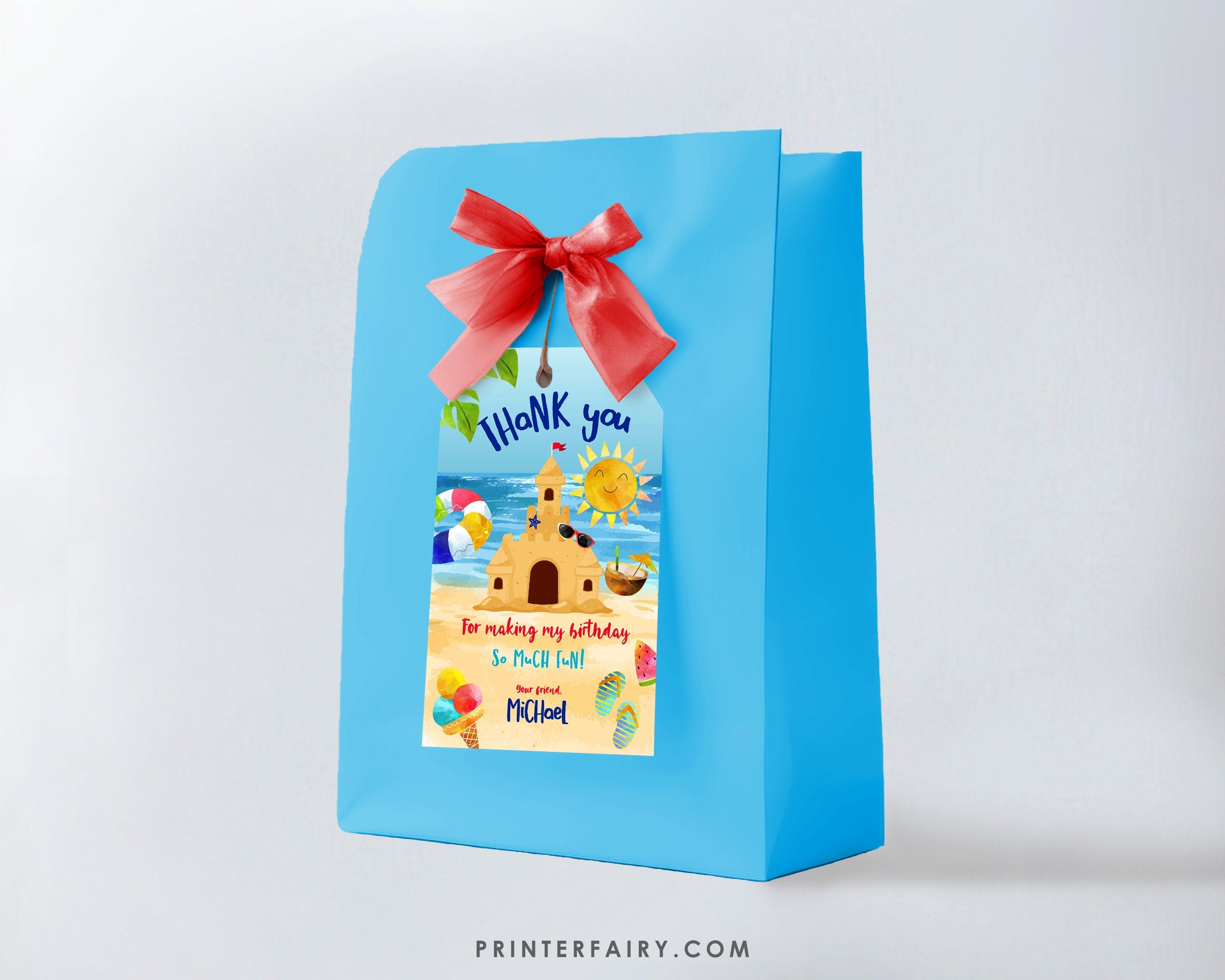 Sand Castle Beach Birthday Party Thank You Tags Editable Template, INSTANT DOWNLOAD