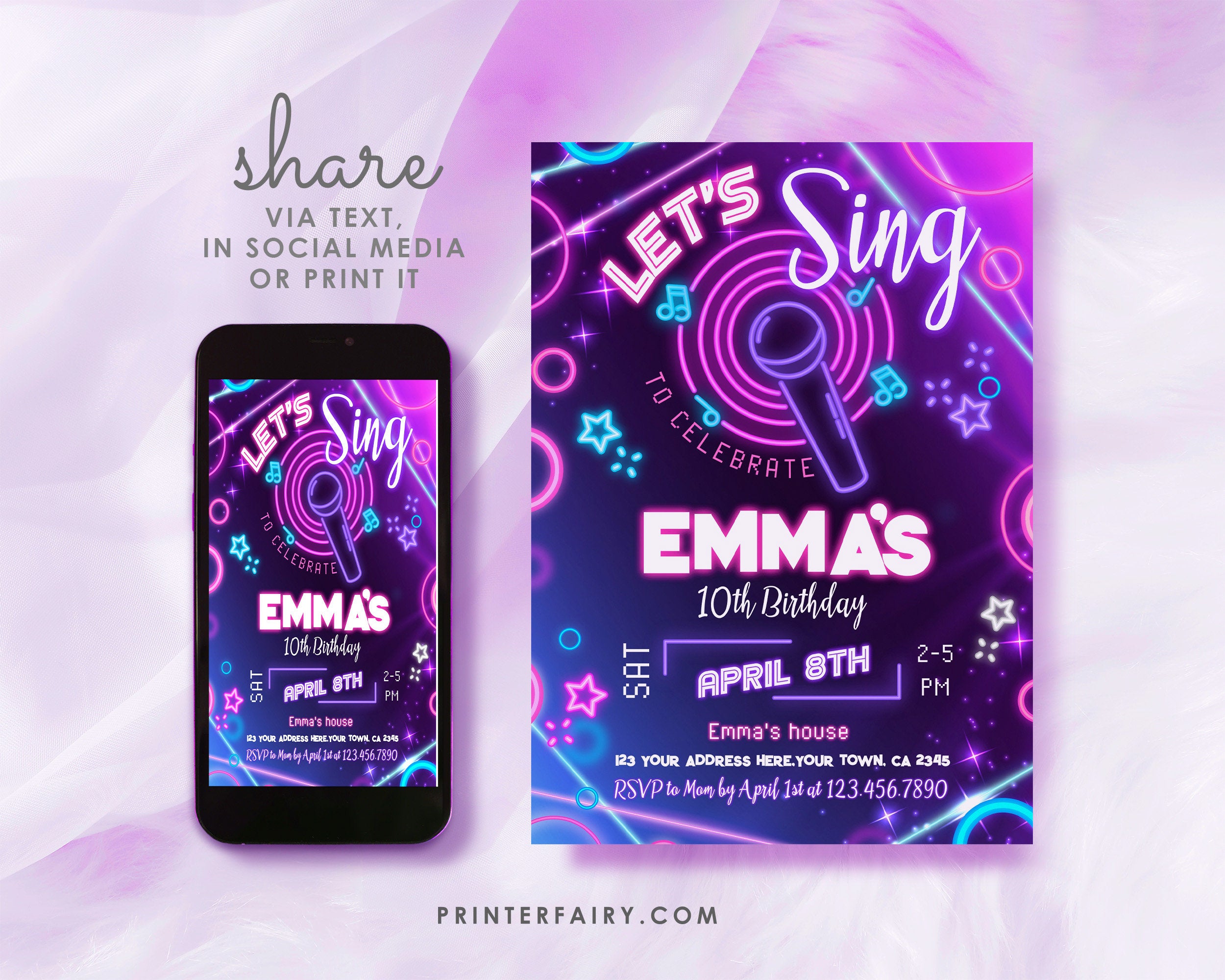 Neon Karaoke Birthday Party Invitation: Editable, Instant Download