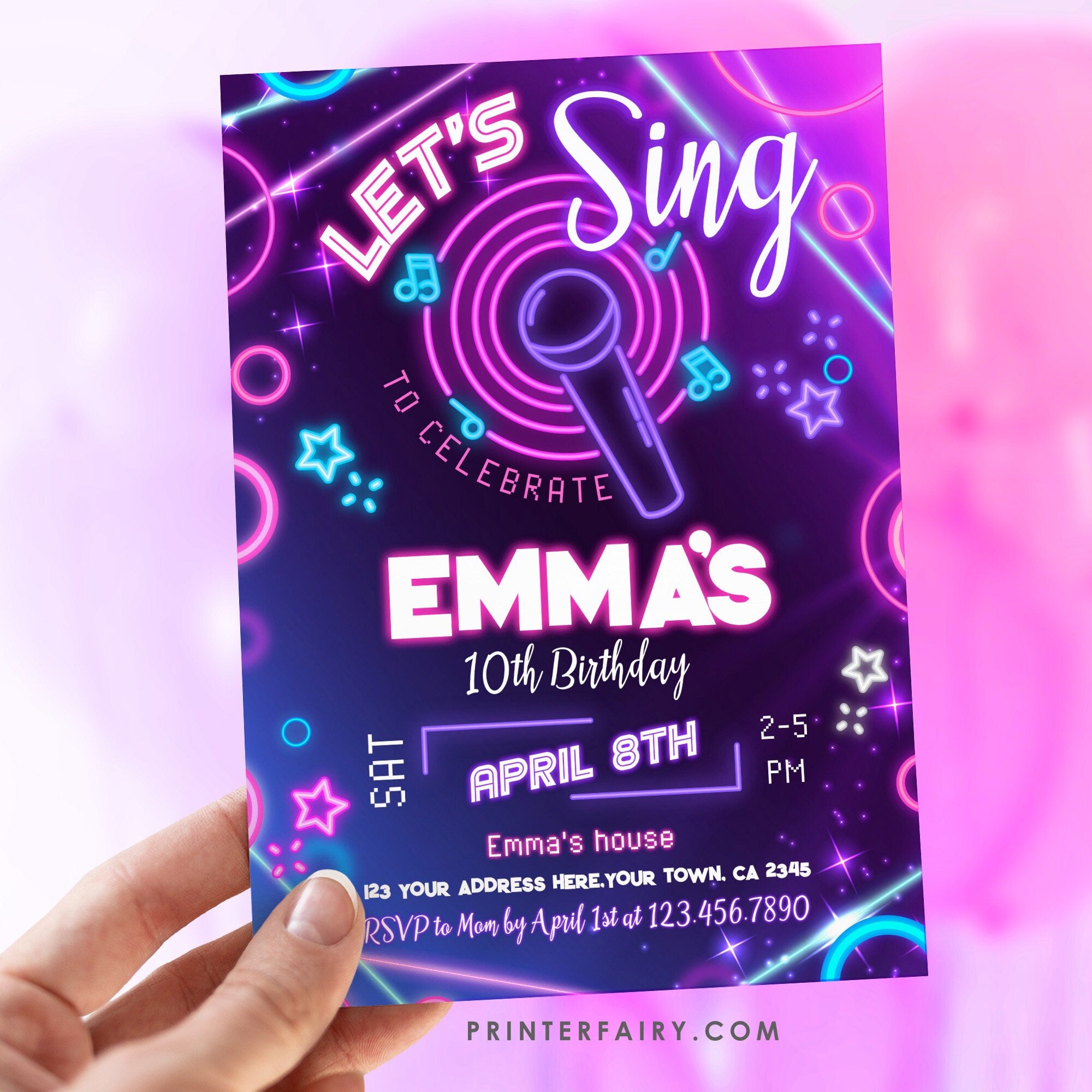 Neon Karaoke Birthday Party Invitation: Editable, Instant Download