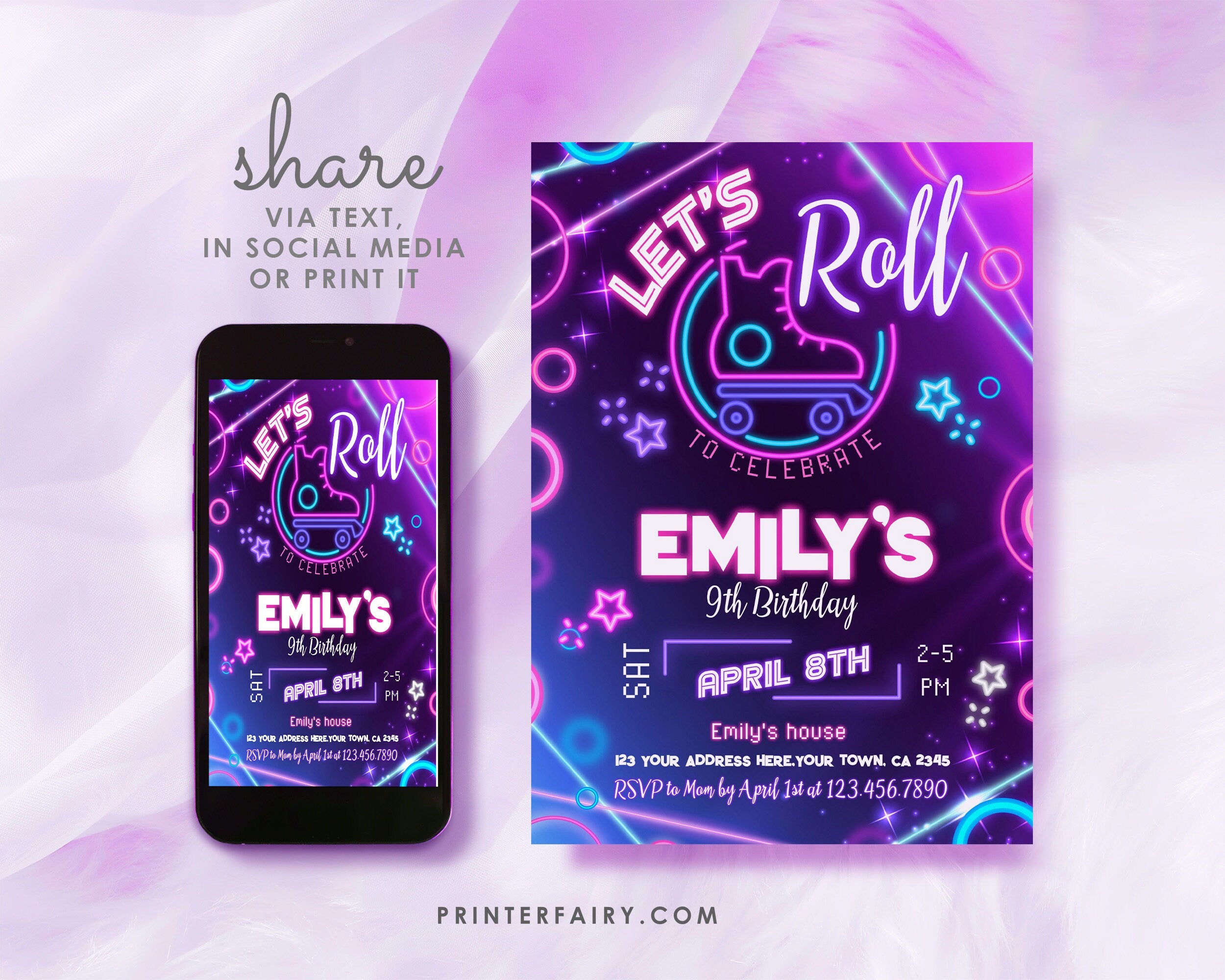 Editable Neon Roller Skate Birthday Invitation (Digital Download)